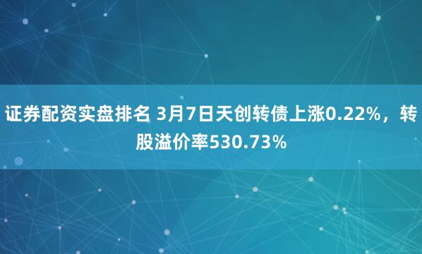 证券配资实盘排名 3月7日天创转债上涨0.22%，转股溢价率